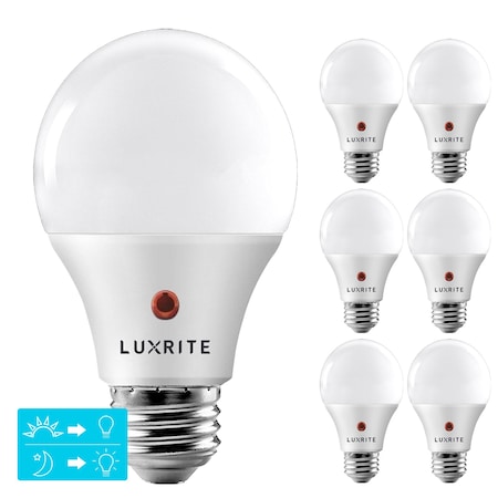Luxrite A19 LED Light Bulbs Dusk to Dawn 9W (60W Equivalent) 800LM 3000K Soft White E26 Base 6-Pack LR21471-6PK
